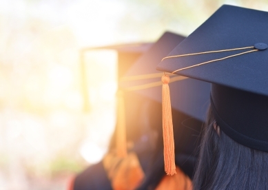 Row of graduates sitting facing away from viewer